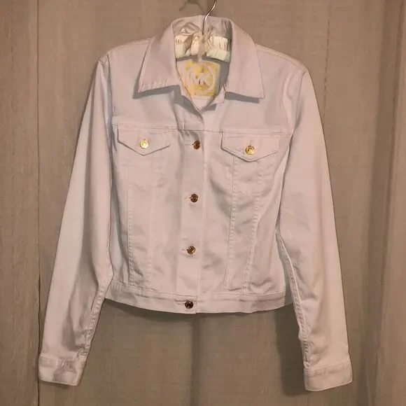 MK L White with Gold Tone Buttons Crop Denim Jacket - Picture 2 of 12